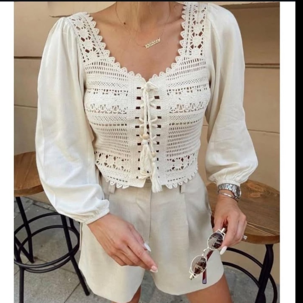 By- ESQ Knit Bird Eye Blouse White Lace Detail Women's Top